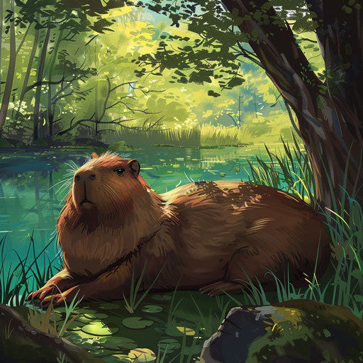 Capybara lounging by a serene riverbank