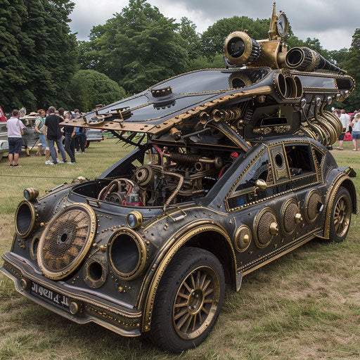 Steampunk Alfa Romeo Alfasud with brass fittings and mechanical gears, displayed at a vintage car show
