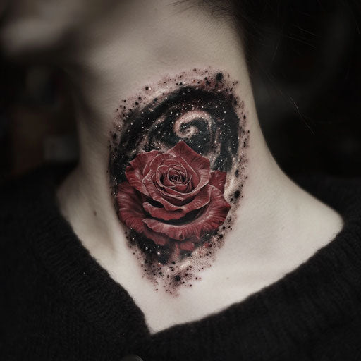 Rose neck tattoo in the style of J.P. Targete with a cosmic rose floating in space