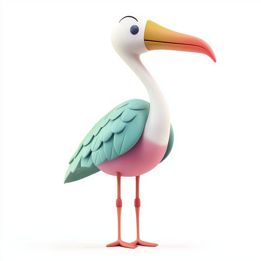 3D stork on flat white background, isolated clipart