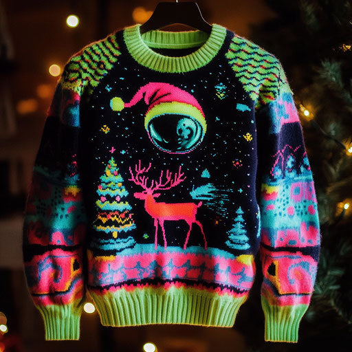 Sci-Fi Ugly Christmas Sweater with Alien Abducting Reindeer