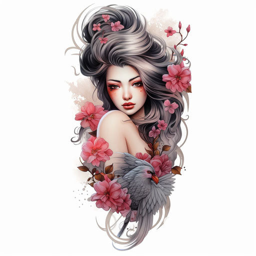 Sleeve tattoo with rooster and flowers, geisha style, 3840x2160, dark silver and light magenta, cherry blossoms, colorful