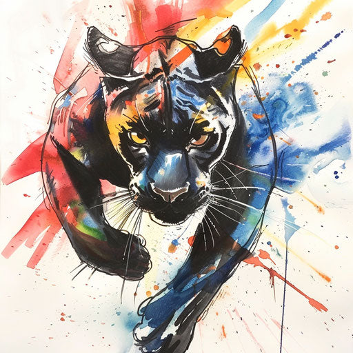 Black panther tattoo with watercolor splash energy