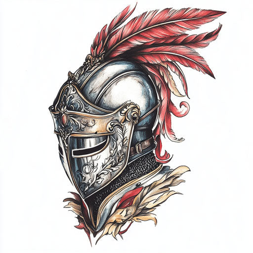 Knight's helmet with plume, royal tattoo in beautiful flat clipart style on white background