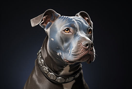 The pit bull terrier, in dark azure and brown style, dark silver and light green, whiplash line, thx sound, dark gray and red, bronzino, aquirax uno 34:23
