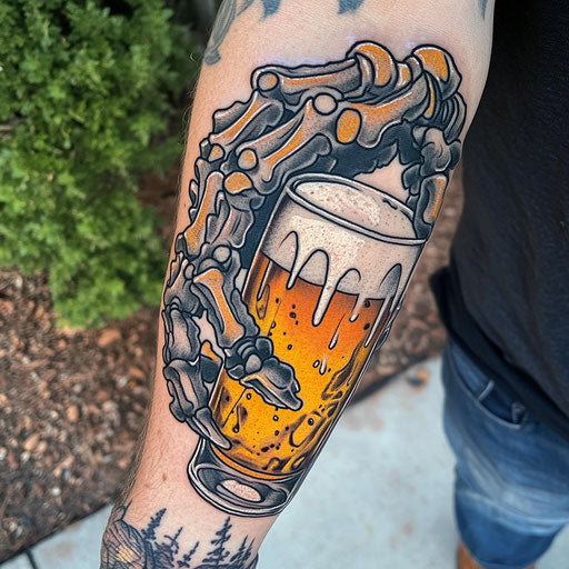 tattoos and alcohol with a biomechanical hand holding a beer mug