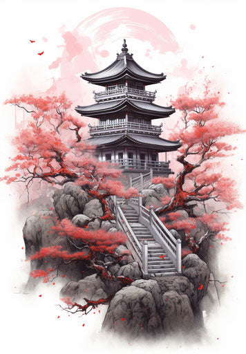 Japanese temple with red flowers, anime-influenced art