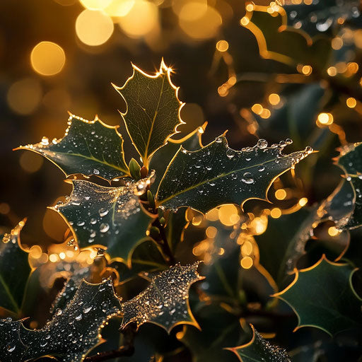 Holly leaves with dew drops, soft light of a winter dawn