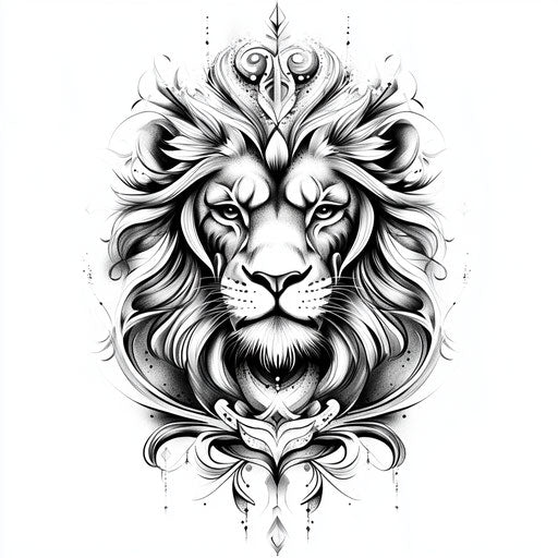 Beautiful flat tattoo sketch of thigh featuring fierce lion head in grayscale