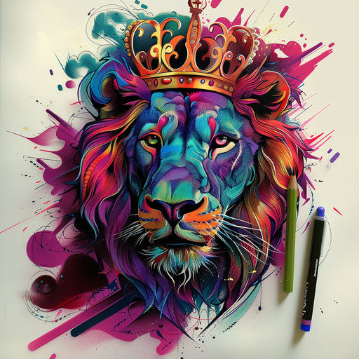 Surreal clipart of lion with crown tattoo sketch