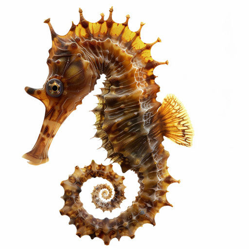 Photo realistic seahorse clipart on a flat and white background, with dynamic lighting and sharp detail