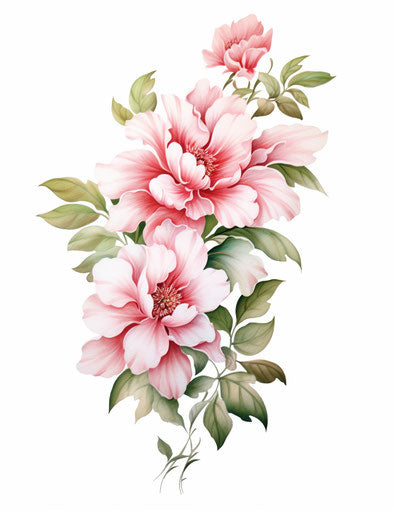 Pink flower with green leaves in gravure style, hand-coloring