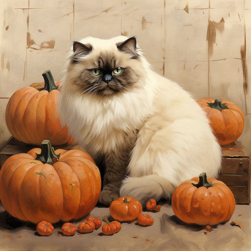 Himalayan cat resting with pumpkins