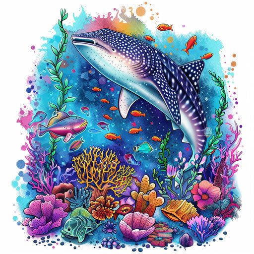 Colorful flat tattoo sketch of a whale shark surrounded by vibrant coral and marine life