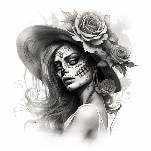 Tattoo for Day of the Dead with woman's head and scythe