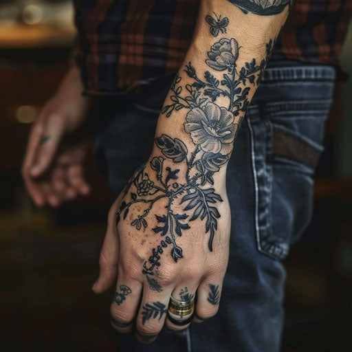 Botanical wrist tattoos for men in Merian style