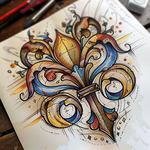 Retro tattoo sketch of a fleur de lis with 1950s pop art influences and bold primary colors