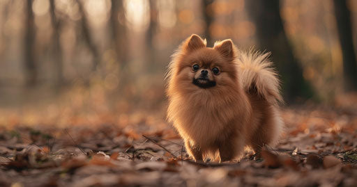 Pomeranian dog in the woods