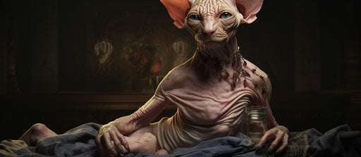 Sphynx cat on owner's lap, disfigured forms style, teethcore