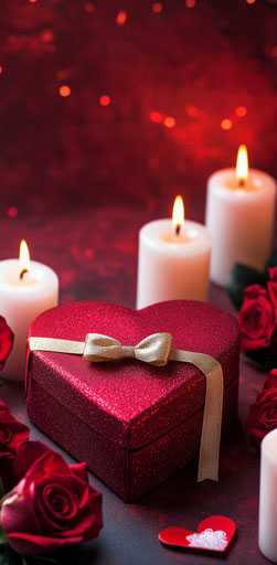 Red heart-shaped box with gold ribbon, surrounded by candles
