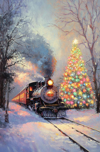 Vintage train chugging in snow with colorful lights