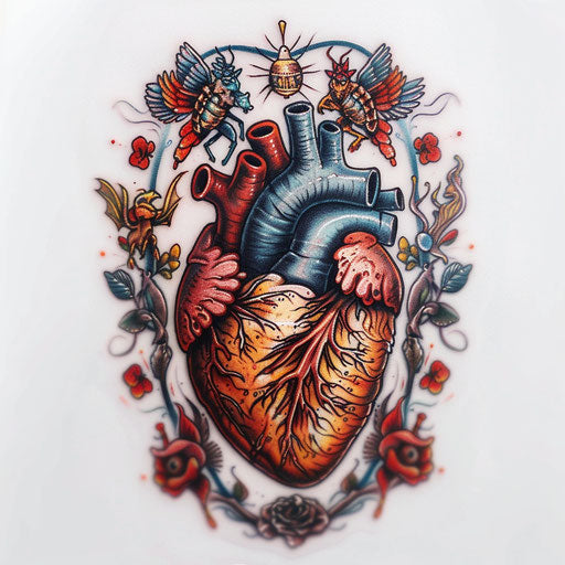 Anatomical heart tattoo surrounded by mythological creatures on white