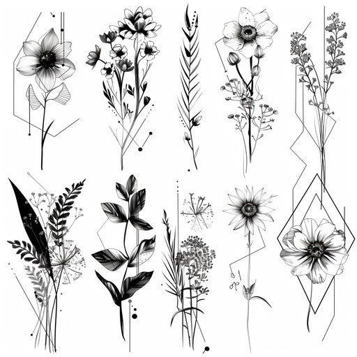 Collection of wildflower tattoos in geometric style