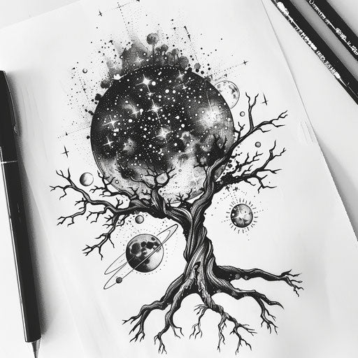 Sketch of space-themed tree of life tattoo, incorporating celestial bodies and cosmic patterns, on white paper