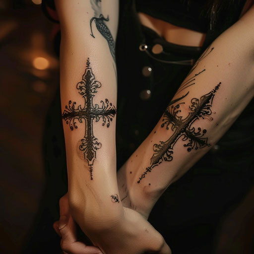 Mother and daughter gothic cross tattoos, Brom style