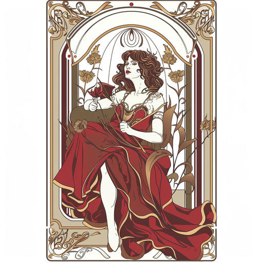 The Empress tarot card, tattoo-ready, illustrated in Art Nouveau style with flowing lines and organic forms, on a pristine white background.