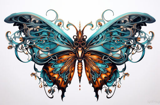 Colorful tattoo butterfly masks totems cyan bronze isometric