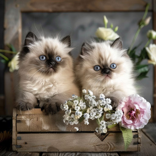 Pair of Himalayan kittens in a small wooden crate with flowers