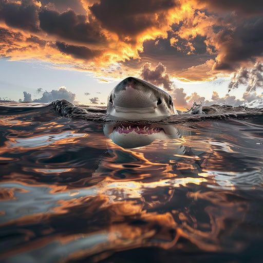 Great white shark under water surface with dramatic sky