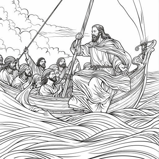 Jesus calms the storm with his awe-struck disciples