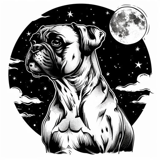 Mystical flat tattoo sketch of dog with Boxer against moonlit sky