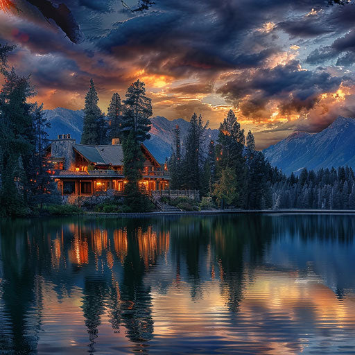 Mountain lake lodge reflecting on calm waters at sunset