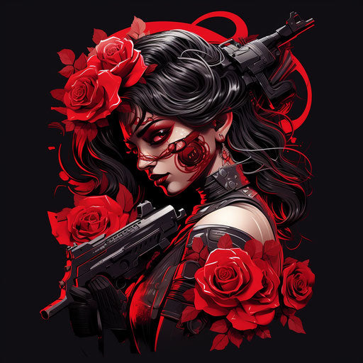 Girl with gun and roses on face, high-contrast style