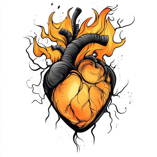 Heartless tattoo with flames engulfing hollow core