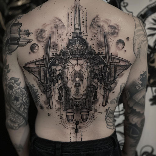 Spaceship lower back tattoo, J.P. Targete style