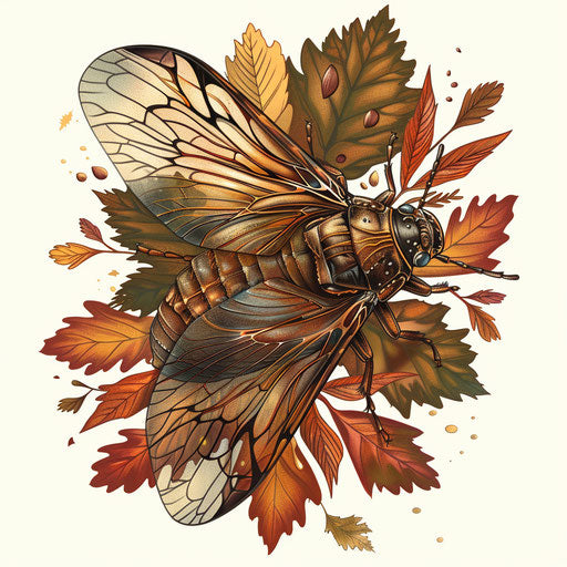 Seasonal sketch of a cicada with autumn leaves in warm browns and oranges, clipart style