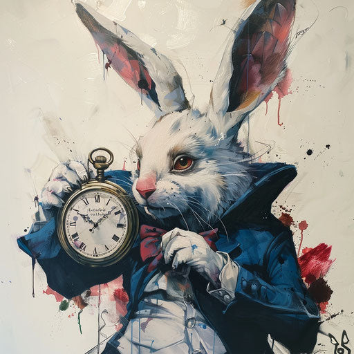 Vivid tattoo artwork of the White Rabbit checking his pocket watch