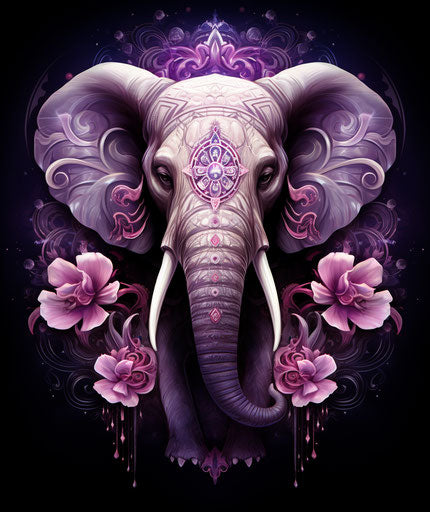 Elephant with flowers and leaves, light silver and dark magenta style