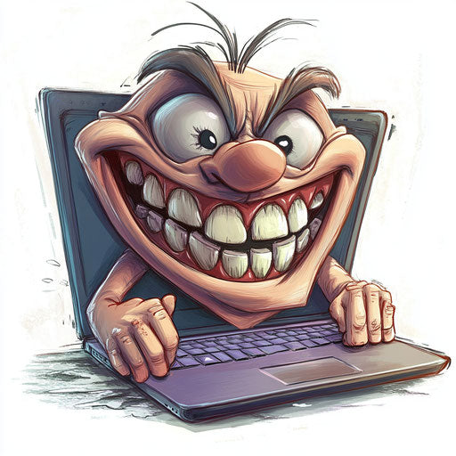 Humorous caricature of a laptop clipart with exaggerated human characteristics, dimpled chin, fingers hands, playful setting, vibrant colors, cartoon style, angry, high-resolution, isolated