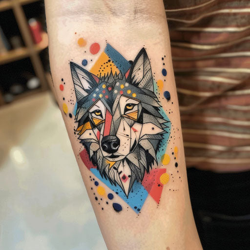 Geometric wolf with playful polka dots and bright colors
