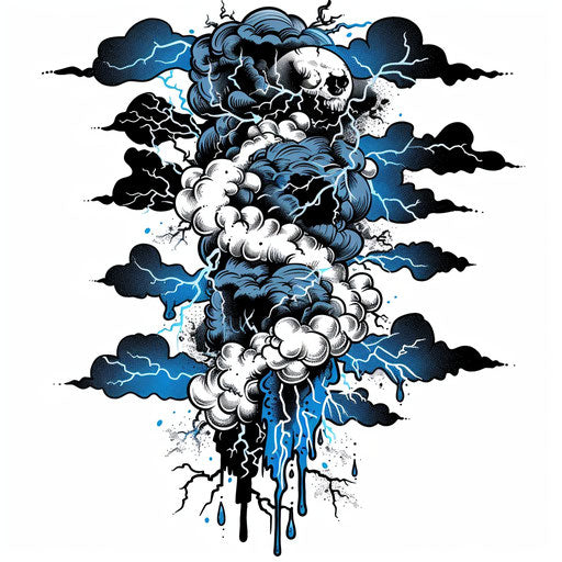 Bold tattoo sketch of thunderstorm with lightning strikes, electric blue and black