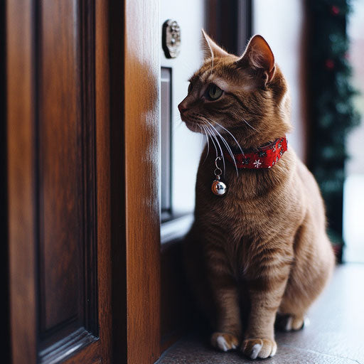 A cat patiently waits by the door with a festive collar