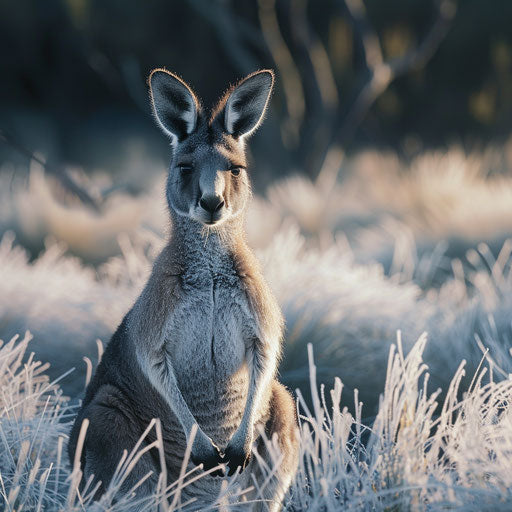 Western grey kangaroo in a frost-covered meadow at dawn