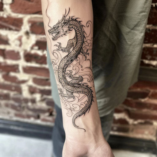 Forearm tattoo with dragon, Ami James style