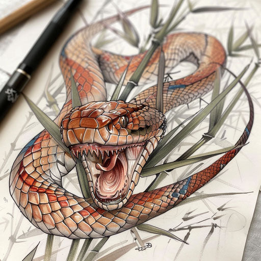 Zen-inspired cobra tattoo sketch with bamboo motifs and soft pastel shades