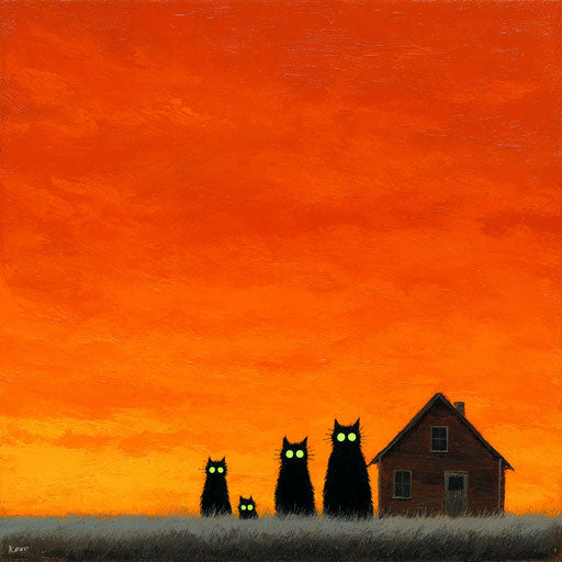 Silhouetted Black Cats Against an Orange Sky